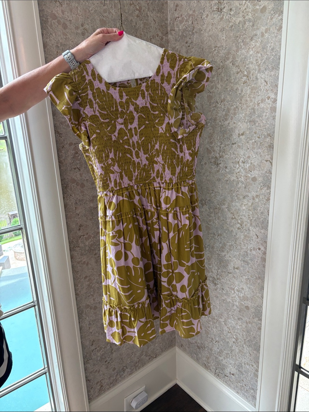 THML Olive Green and Light Pink Floral Mini Dress